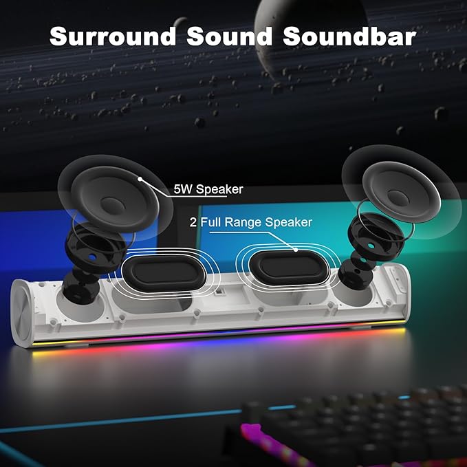 SOULION R100 Bluetooth Computer Speakers with Dynamic LED Light USB Plug &amp Play PC Speakers with Switch Button Clearly Sound Soundbar for Desktop Laptop Monitor White (USB-C to USB Adapter Inclu
