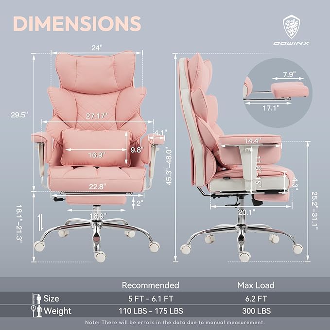 Dowinx Big and Tall Office Chair with Pocket Springs CushionHigh Back Computer Gaming Chairs with Adjustable ArmrestsExecutive Desk Chairs with Lumbar Support and FootrestPU Leather-Pink