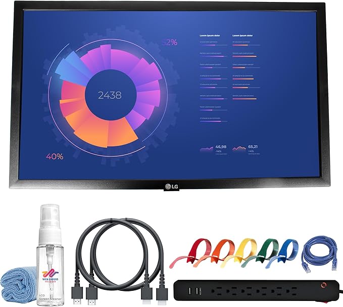 LG SM3G-B 22 Full HD Commercial Monitor | 1920×1080 IPS Panel Slim Bezel Design &amp Continuous Operation Support | for Corporate Signage &amp Displays + Surge Protector + HDMI Cable + Cable Ties