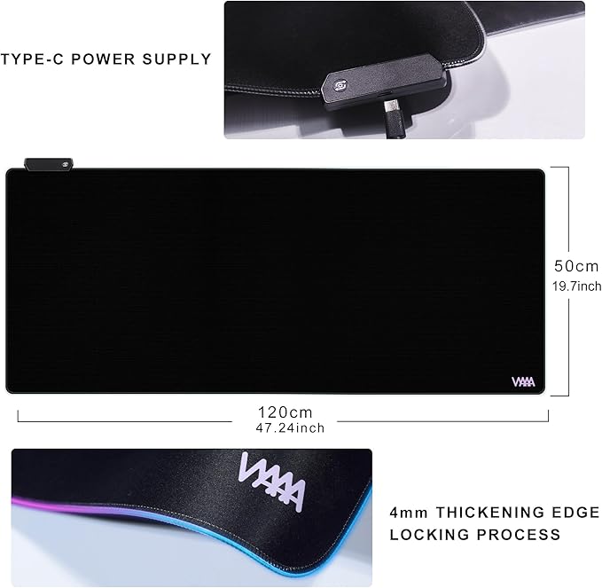 Vyaaa 47 x 20 RGB Gaming Mouse Pad XXL LED Desk Mat with 9 Light-Up Modes Smooth Surface &amp Non-Slip Rubber Base for Gaming/Office/Home (Black)