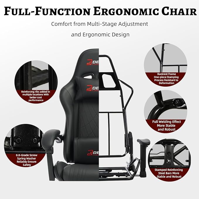 Ergonomic Gaming Chair with Footrest and Lumbar Massage Racing Office Chair High Back Computer Desk Chair with Headrest Pillow for Adults Video Game Chair for PC Gamer (1001-Black)