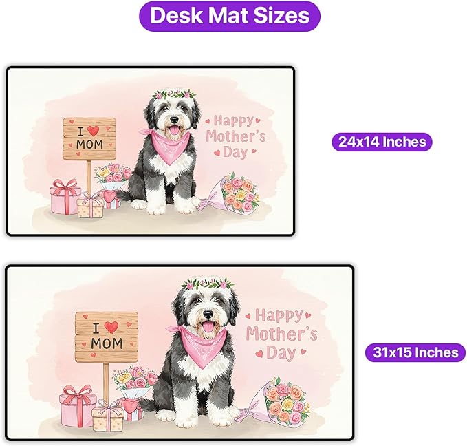Happy Mother's Day Old English Sheepdog Love Dog Mom Heart Flower Desk Mat Full Keyboard Mouse Pad Dog Lover Large Mousepad 12004