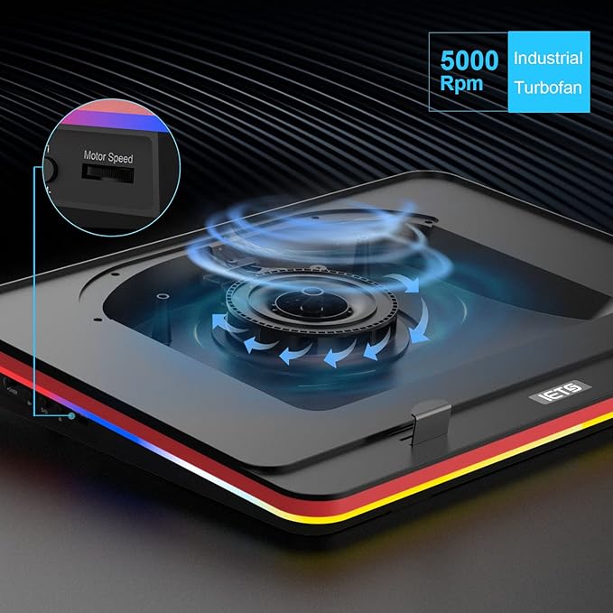GT500 Powerful Turbo-Fan (5000 RPM) RGB Laptop Cooling Pad with Infinitely Variable SpeedSeal Foam for Rapid Cooling Gaming LaptopDust Filter for Protect Laptop13-17.3inch Laptop Cooler