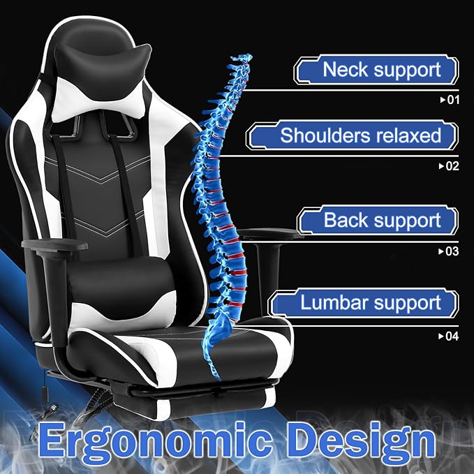 Massage Gaming Chair - Ergonomic PC Racing Office Chair with Lumbar Support Headrest Armrest Footrest - Black Heavy Duty PU Leather Recliner for Adults Gamer (White)