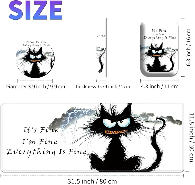 Large Mouse Pad Set Desk Mat + Elbow Rest Pad + Coaster Easy Typing Pain Relief Ergonomic Arm Rest Pad with Memory Foam Extended Desk Pad Anti-Slip Rubber Base for Office Home Funny Black Cat