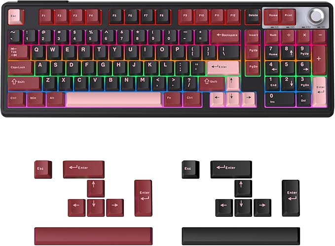 98% Wireless/Wired Membrane Keyboard for Gaming/Officewith knob4000mAh BatteryBT5.0/2.4G/USB-CRGB Backlit PBT KeycapsCompatible with PC/MacBonus Keycaps 2 Sets(8 Each)Computer Keyboard