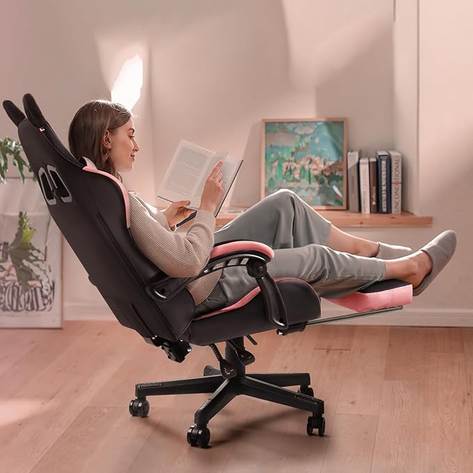 PUKAMI Gaming Chair with Cat EarsCute Computer Chair for Girl with FootrestErgonomic Gamer Chair Kawaii Gaming Chair Game Chair (Light Black)