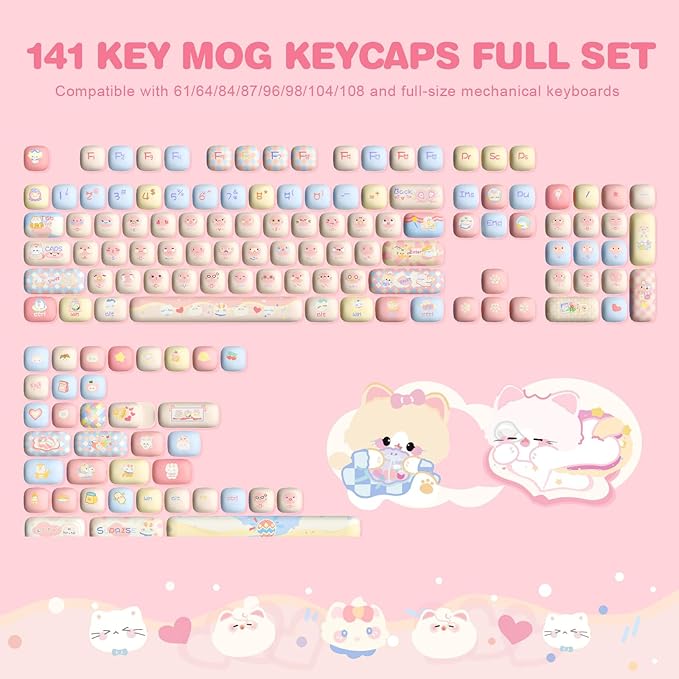 YUNZII Cute Pink Kitten Custom Keycaps 141 Keys Dye Sub PBT MOG Profile Keycap Set for Mechanical Gaming Keyboards (Pink Kitten)