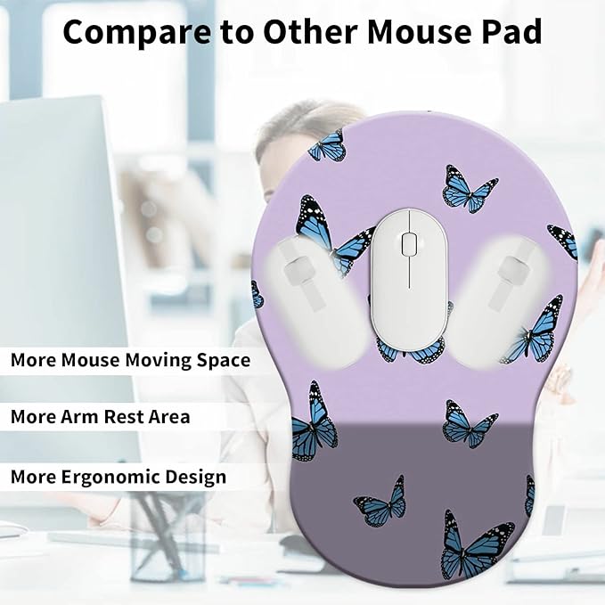 Mouse Pad with Wrist Support Gel Cute Purple Butterfly Pattern Design Ergonomic Gaming Mousepad with Wrist Rest for Laptop Computer Home Office Working Mouse Mat + A Cute Coffee Pad