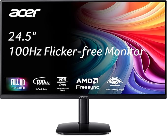 acer KB252Q E0bi 24.5 IPS Full HD (1920 x 1080) Zero-Frame Gaming Office Monitor AMD FreeSync Technology Up to 100Hz Refresh 1ms (VRB) Low Blue Light Tilt HDMI &amp VGA Ports