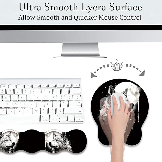 Mouse Wrist Rest and Keyboard Wrist Rest Pad+ Coaster Set Non-Slip Rubber Base Smooth Surface Ergonomic Gaming Mouse Pad for Easy Typing and Pain Relief Wolf Moon