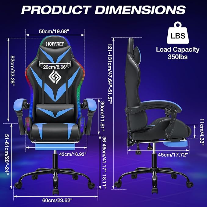 HOFFREE Gaming Chair with LED RGB Lights Massage Video Gamer Chairs with Footrest Ergonomic High Back Reclining Computer Chair with Adjustable Lumbar Support Blue and Black