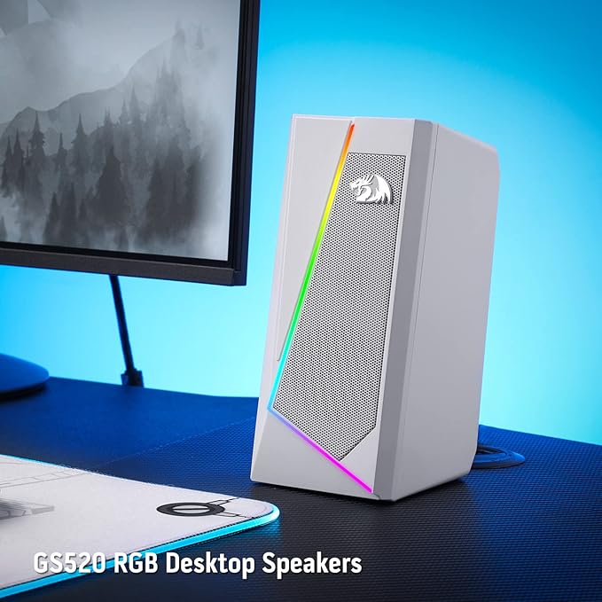 Redragon GS520 RGB Desktop Speakers 2.0 Channel PC Computer Stereo Speaker with 6 Colorful LED Modes Enhanced Sound and Easy-Access Volume Control USB Powered w/ 3.5mm Cable White