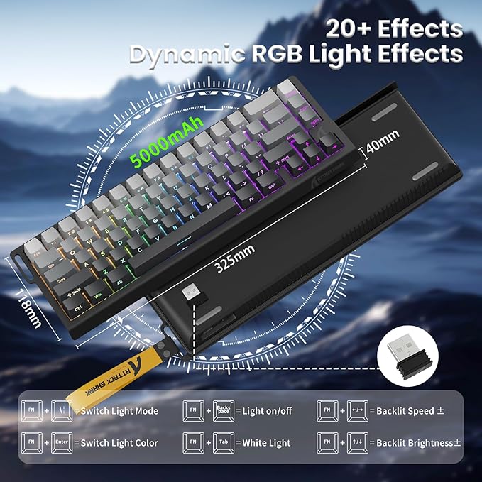 ATTACK SHARK X68PRO HE Rapid Trigger Wireless Keyboard 0.01mm RT Accuracy 8000Hz Wired Gaming Keyboard Adjustable Actuation Snap Tap RGB Backlit Magnetic Switch C01 Coiled Cable -Black Gradient