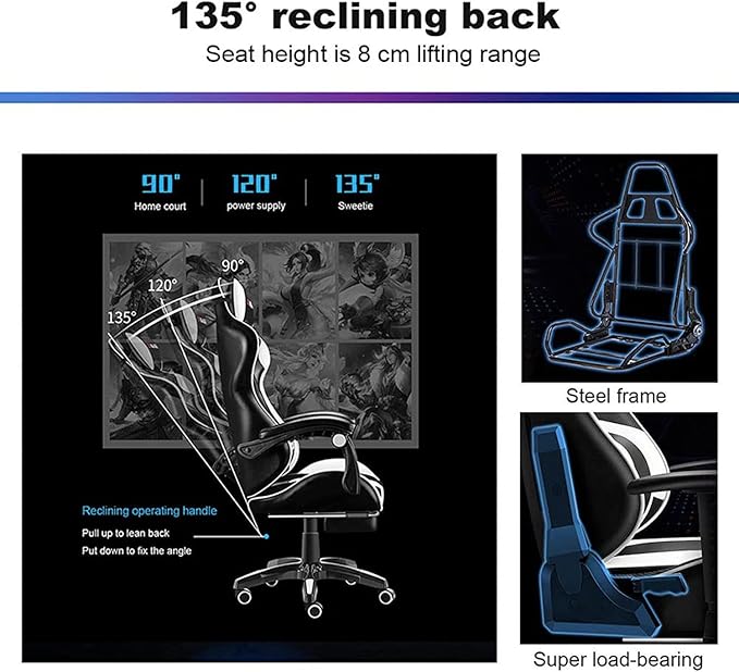 XOOFMASS Gaming Chair with Speakers Ergonomic Massage Gaming Chair with Massage Function Video Game Chairs with LED Light Swivel Racing Computer Chair 90°-135° Adjustment of BackrestWhite