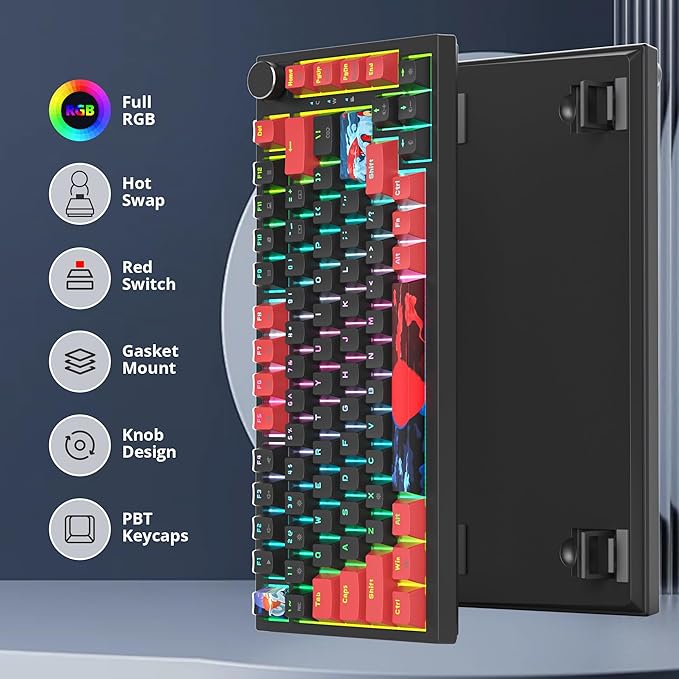 75 Percent Keyboard Gasket-Mounted with Sound Absorbing Pads 82-Key Compact Wired RGB Mechanical Gaming Keyboard Hot-Swap Socket for Win Red Black