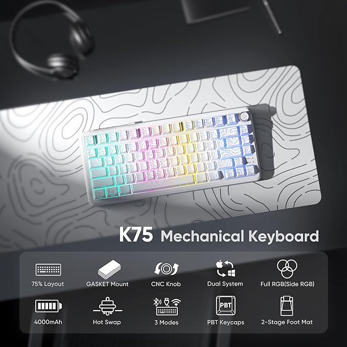RedThunder K75 Wireless Mechanical Keyboard CNC Knob Tri-Mode BT5.0/2.4GHz/USB-C Hot Swappable Custom Pre-lubed Linear Coconut Switches Gasket Structure RGB Gaming Keyboard White Contour Lines