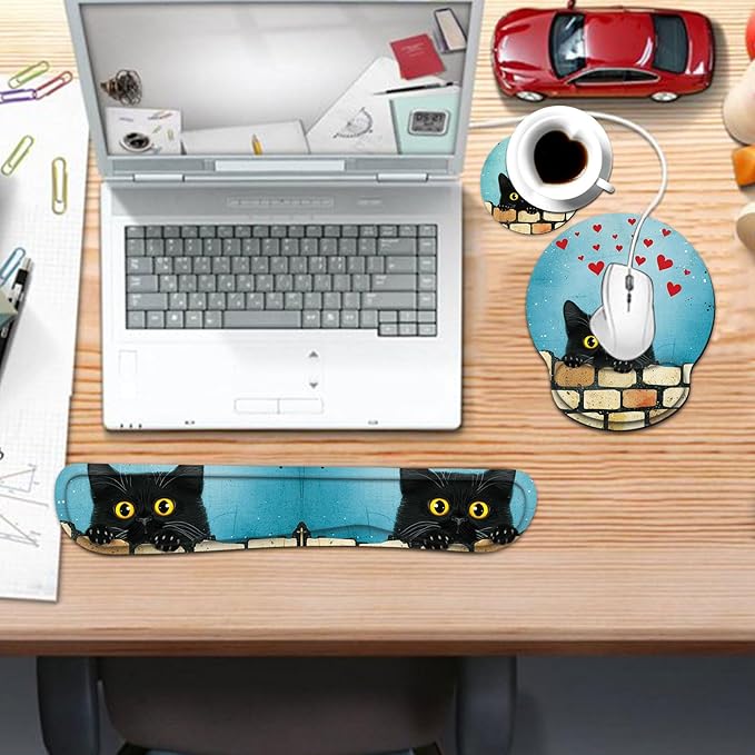 Keyboard Wrist Rest and Mouse Pad Wrist Support Set with CoasterComfortable for Easy TypingPain ReliefMemory Foam Keyboard Pad Set for Laptop MacCute Black Cat