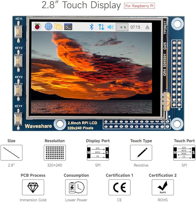 Waveshare 2.8inch Resistive Touch Screen TFT LCD Compatible with Raspberry Pi 5/4B/3B/Zero/Zero W/Zero 2W/Pico/Pico W/Pico WH 320x240 Resolution