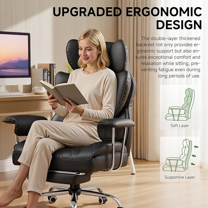 COMHOMA Big and Tall Office Chair High Back Leather Gaming Chair with Footrest Executive Ergonomic Office Chair with Pocket Spring Lumbar Support and with Outward Fixed Soft Armrests