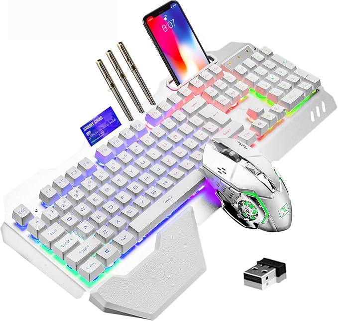Wireless Gaming Keyboard and MouseRGB Backlit Rechargeable Keyboard Mouse with 5000mAh Battery Metal PanelRemovable Hand Rest Mechanical Feel Keyboard and 7 Color Gaming Mute Mouse for PC Gamers