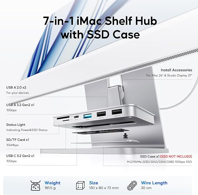 iMac Accessories for iMac24 inch 2021/2023/2024 PULWTOP iMac Hub with M.2 NVMe SSD Enclosure i-Mac USB C Hub USB A/C 10Gbps SD/TF i-Mac USB Adapter for iMac24 M1/M3/M4 or Studio Display 27 inch