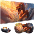 Large Gaming Mouse Pad + Wrist Rest + Lace Coaster Non-Slip Set with Sewn Edges and Waterproof Expandable Desktop Pad Suitable for Office/Home Golden Dragon