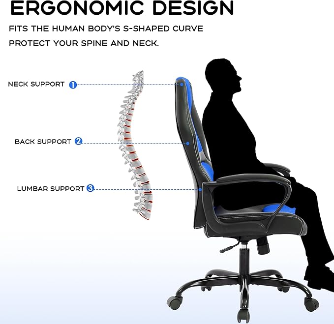 MKDLUFEI Video Game ChairErgonomic Office Chair Desk Chair and Lumbar Support PU Leather Recliner with HeadrestHeight Adjustable Computer Chair for Adults (Blue)