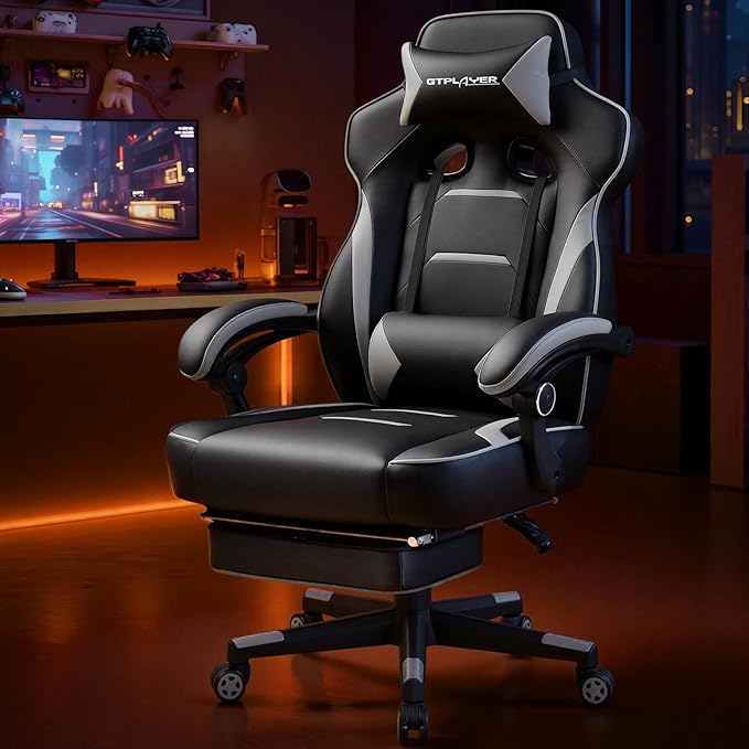 GTPLAYER Gaming Chair with Footrest Big and Tall Game Chair 350lb Racing Style Computer Chair Ergonomic Executive Office Chair High Back with Lumbar Support and Recliner Light Gray