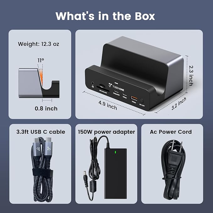 TobenONE 18-in-1 Triple 4K@60Hz Monitor Docking Station with 150W Power Supply USB C Laptop Docking Station Stand(Single 4K@144Hz) 2.5Gbps Ethernet 2 HDMI &amp DP 8 USB for Windows&ampChromeOS