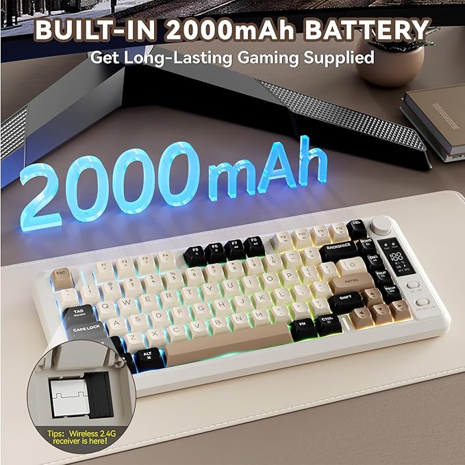 ZIYOU LANG M75 Wireless Gaming Keyboard RGB Backlit Rechargeable 2000mAh Battery Small Membrane But Mechanical Feel Keyboard with Smart Display &amp Knob PBT Gradient keycaps for PC MAC - Cheese