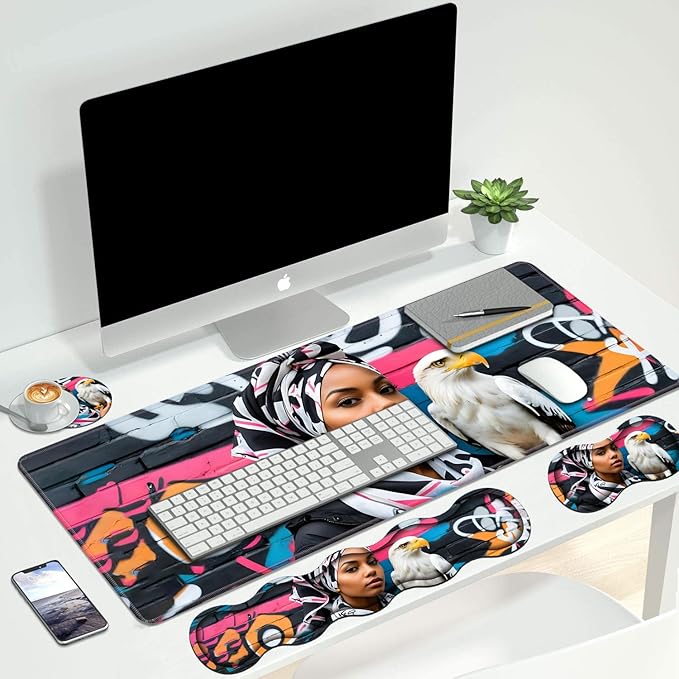 4 in 1 Ergonomic Keyboard Wrist Rest &amp Mouse Pad Wrist Rest Set Large XXL Gaming Desk Mat 31.5x 11.8 with Non-Slip Base Memory Foam for Home Office Study Gaming American Black Girl Bald Eagle