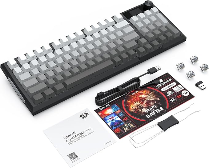 Redragon Wireless Mechanical Keyboard Gasket RGB Gaming Keyboard with Screen &amp Knob Tri-Mode BT5.0/2.4G/USB-C 95 Keys Hot Swappable Side Printed PBT Keycaps Thick Pre-Lubed Linear Switch K72