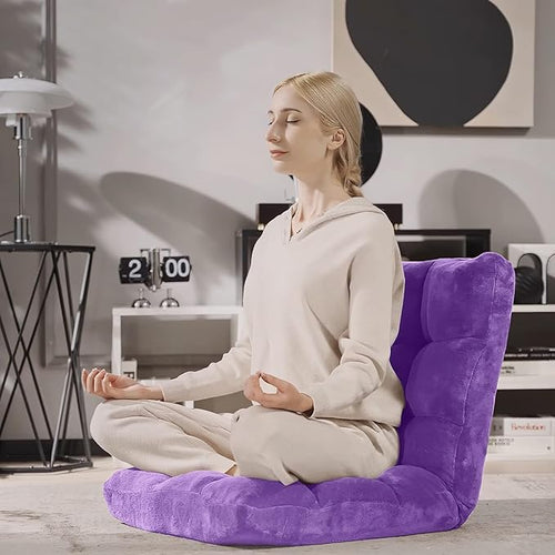14-Position Lazy Sofa Chair with Back Support Soft Coral Fleece Recliner for Gaming Reading Meditating Yoga (Violet)