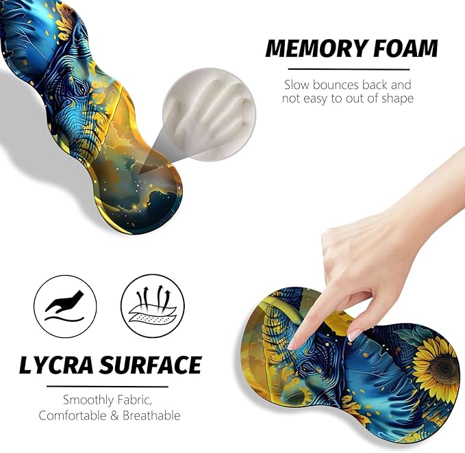4 in 1 Large Gaming Mousepad Coaster Memory Foam Ergonomic Keyboard Mouse Wrist Rest Non-Slip Rubber Base Stitched Edges Office Desk Mat Protector for Computer Home Office Elephant Sunflower Field