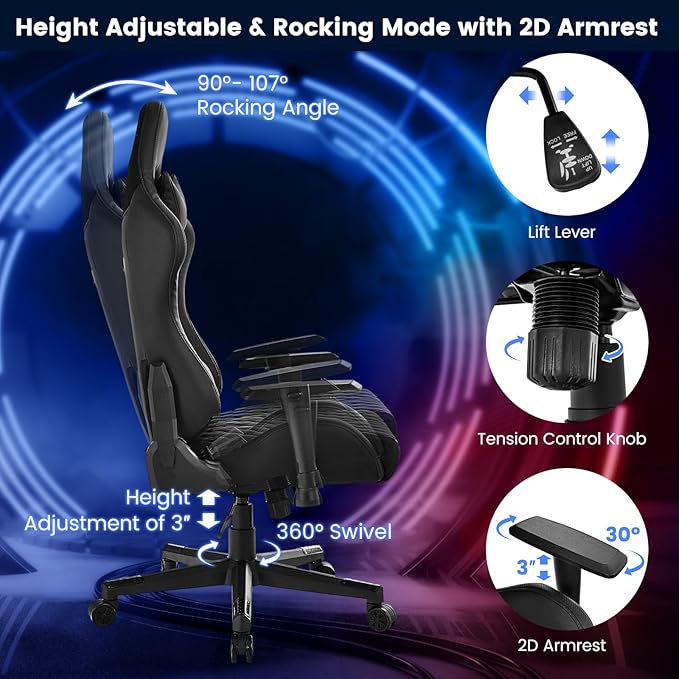 POWERSTONE Gaming Chair with RGB LED Lights Ergonomic Racing Computer Chair Adjustable Video Game Chair High Back Lumbar Support Gamer Chair for Adult Teen
