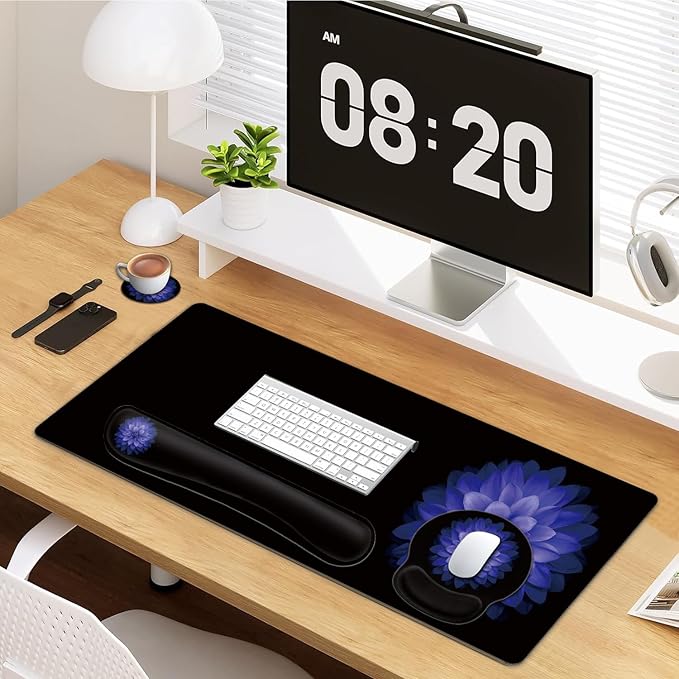 Large Mouse Pad Ergonomic Mouse Pad with Wrist Rest and Keyboard Wrist Rest 4 in 1 Set 31.5 x11.8 inch Extended Desk Pad for Home Office Watercolor Purple Flowers Pattern Black xxl Gaming Mouse Mat
