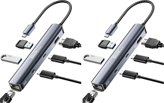 USB C Hub Ethernet6 in 1 Laptop Docking Station Dockteck USB C Multiport Adapter with 4K@60Hz HDMI 100W PD 1Gbps LAN 2 USB 3.0 for MacBook Pro/Air Surface Pro XPS and More (Pack of 2)