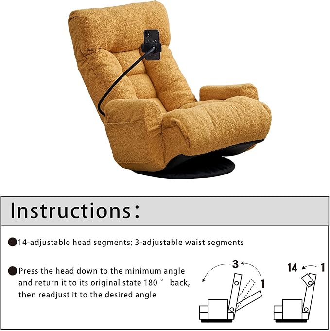 360-Degree Swivel Floor Chair with 5-Position Folding Design Adjustable Headrest Waist Support Armrests and Phone Holder for Living Room (Yeiiow+Teddy Fleece)