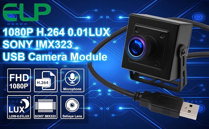 ELP Sony IMX323 Sensor Wide Angle Low Light Mini USB Camera Module with Metal Case HD 1080P 170degree Fisheye Webcam for Computer H.264 UVC USB2.0 Home Surveillance PC Camera for Laptop