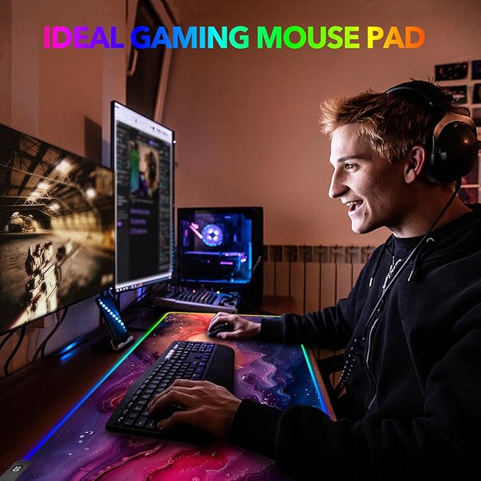 AIMSA Extra Large RGB Gaming Mouse Pad with 14 Light Modes Extended LED Mouse Pad Anti-Slip Rubber Base Computer Keyboard Mousepad Mat Abstract Purple Marble
