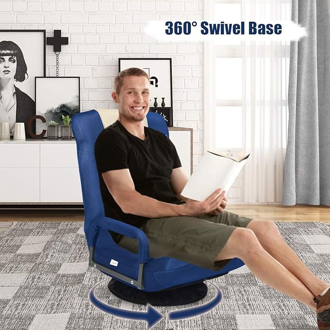 KOMFOTT Gaming Floor Chair 360° Swivel Chair with 6-Position Adjustable Backrest Armrest Lumbar Support Folding Lazy Sofa Chairs for Playing Video Games Reading Relaxing TV (Blue &amp Beige)