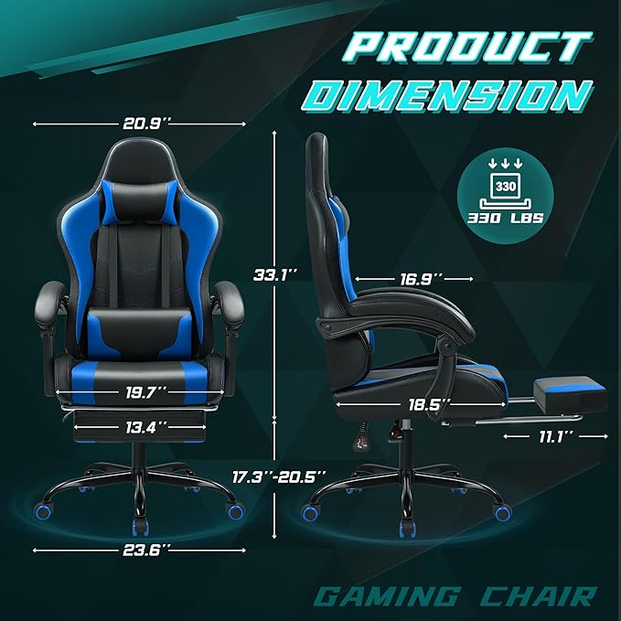 Gaming Chair with RGB Computer Gaming Chairs with LED Lights and Footrest for Home Office Blue and Black