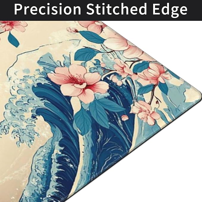 Japanese Sea Wave Extended Large Mouse Pad for Desk 48x24 Big Gaming Mouse Pads with Stitched Edges Non-Slip Rubber Base Computer Desk Mat Mouse Mat for Home Office Work