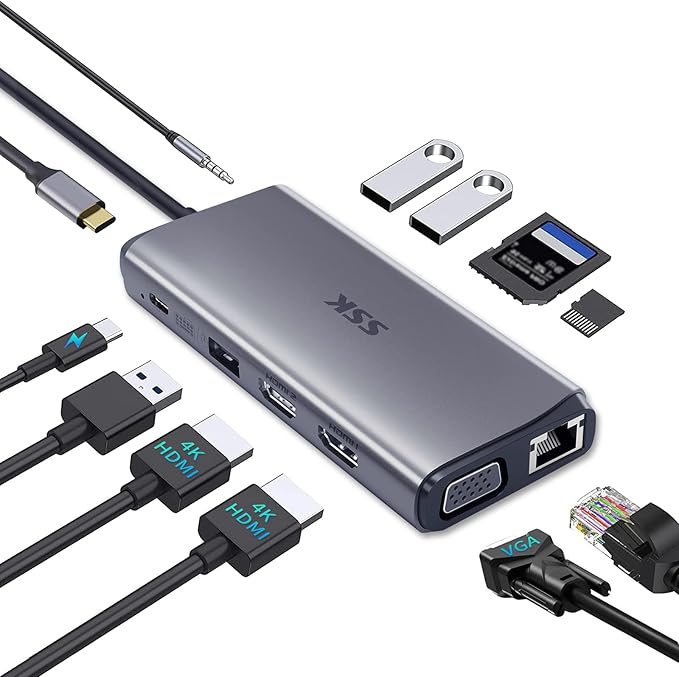 SSK Laptop USB C Docking Station Dual MonitorHDMI 4K/60Hz Multiport Adapter 11 in 1 USB C Hub Thunderbolt Dock Triple Display with 2 HDMI+VGARJ45 Ethernet100W PD3 USB for MacBook