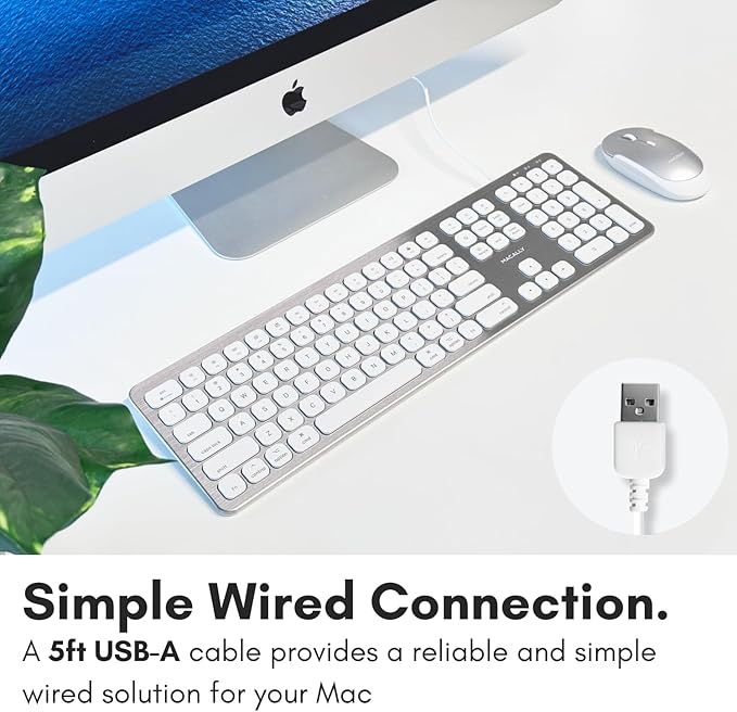 Macally Wired Keyboard for Mac with USB Ports for Mouse - Compatible Apple Keyboard for MacBook Pro/Air iMac - Aluminum Frame