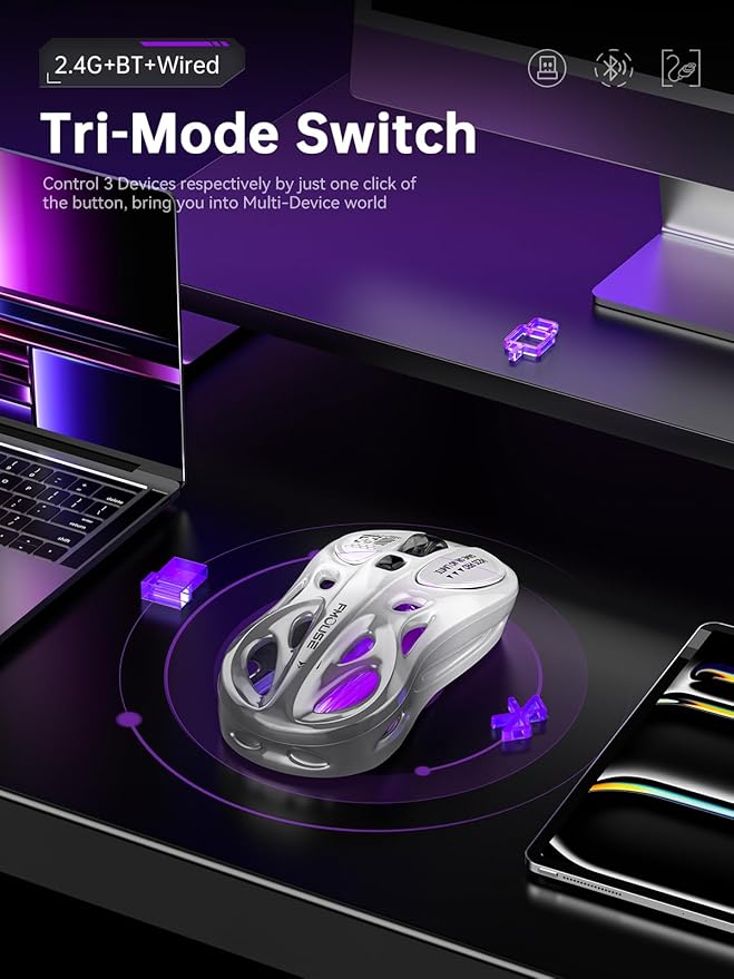 Wireless Gaming Mouse Tri-Mode 2.4G/USB-C/Bluetooth Mouse 800-4800 DPI Ergonomic Optical Mouse Gamer RGB &amp 6 Programmable Buttons 65g Rechargeable for PC/Mac/Laptop