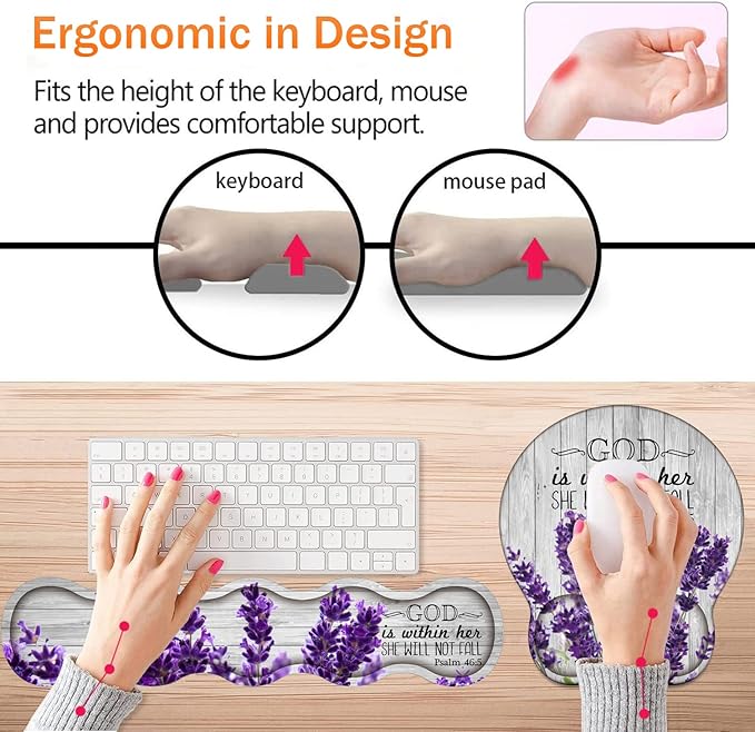 Keyboard Wrist Rest Support and Wrist Rest Mouse Pad with Non-Slip PU Base with Coaster Hook Gel Memory Mouse Pad Combo for Gaming Office Pain Relief - Psalm 46:5 Purple Lavender