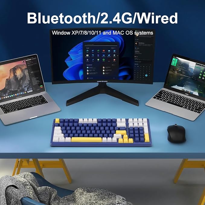 Wireless Mechanical Keyboard Triple Mode 2.4G/USB-C/BT Gaming Keyboards 100 Keys Ice-Blue Backlit Brown Switch Keyboard | Rechargeable Mechanical Gaming Keyboards | Blue/White/Yellow