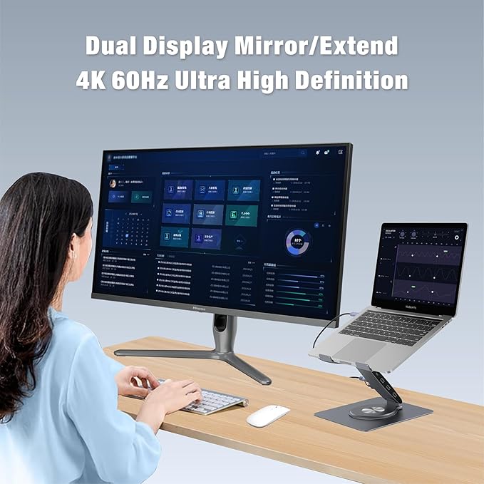 Adjustable Laptop Stand for Desk with Docking Station 9-in-1 Aluminum Laptop Riser with USB Hub 360° Swivel Dual Display 4K60Hz HDMI 3 USB3.0 100W PD Charging for MacBook Pro Air/Dell/HP 7-15.6